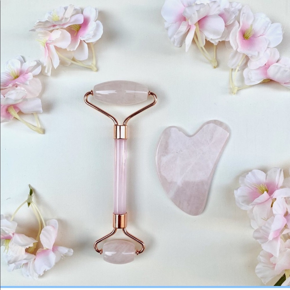 rose quartz gua sha + roller facial massage tools